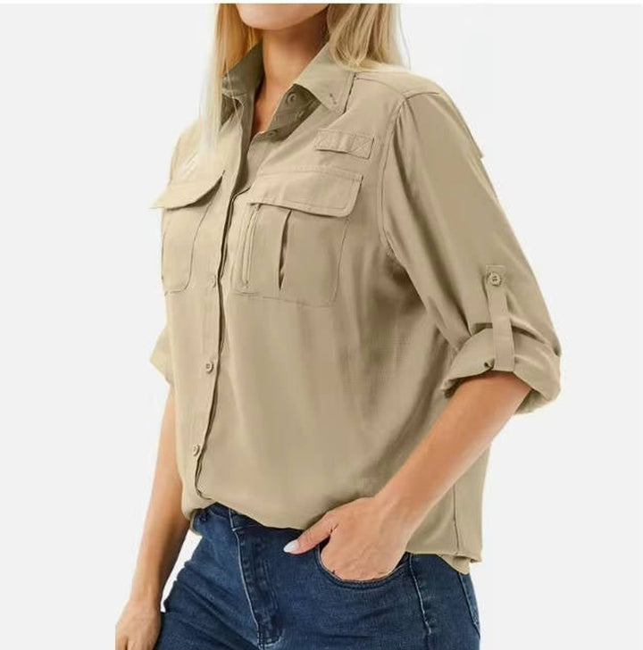Women's UPF 50 Roll-Up Sleeve Button-Down Safari Hiking Shirt