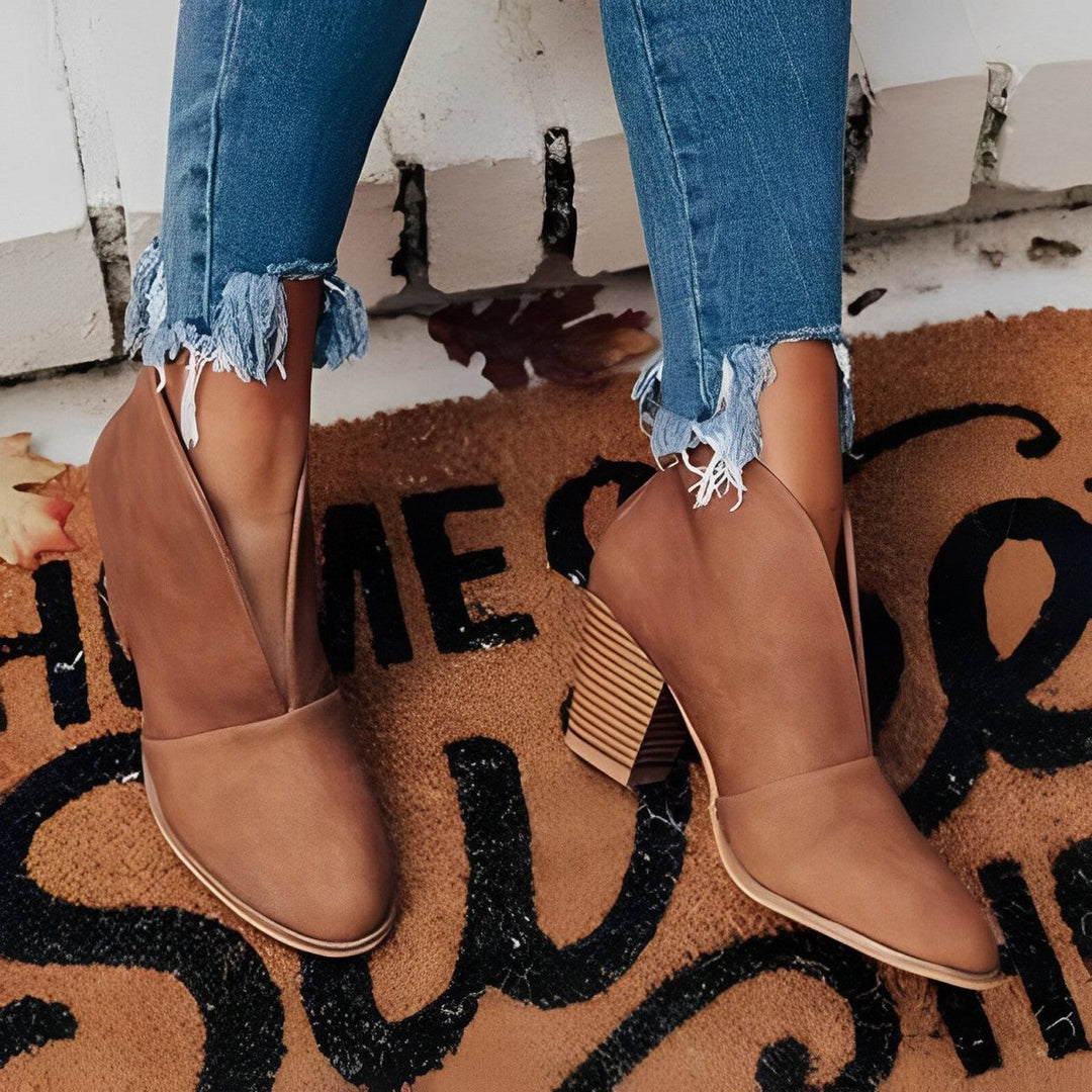Women's V-Cut Block Heel Ankle Boots Pointed Toe