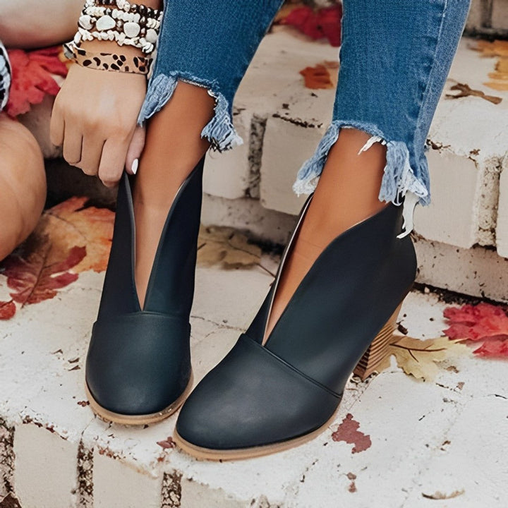 Women's V-Cut Block Heel Ankle Boots Pointed Toe