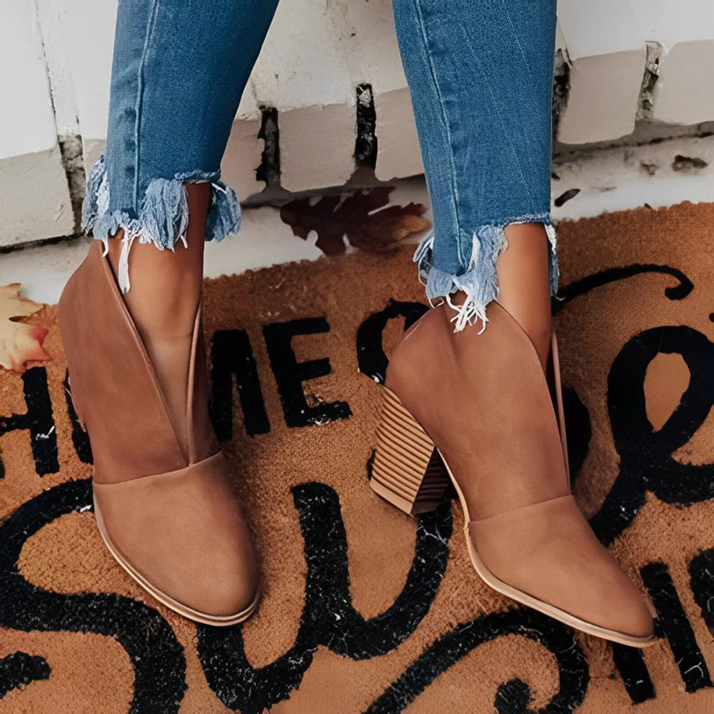 Women's V-Cut Block Heel Slip-On Ankle Boots