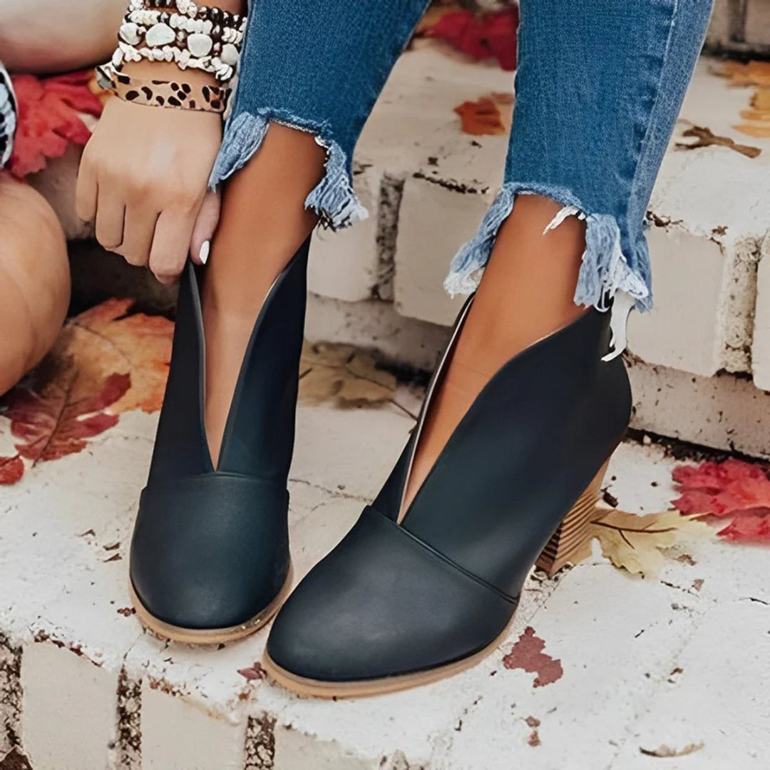 Women's V-Cut Block Heel Slip-On Ankle Boots