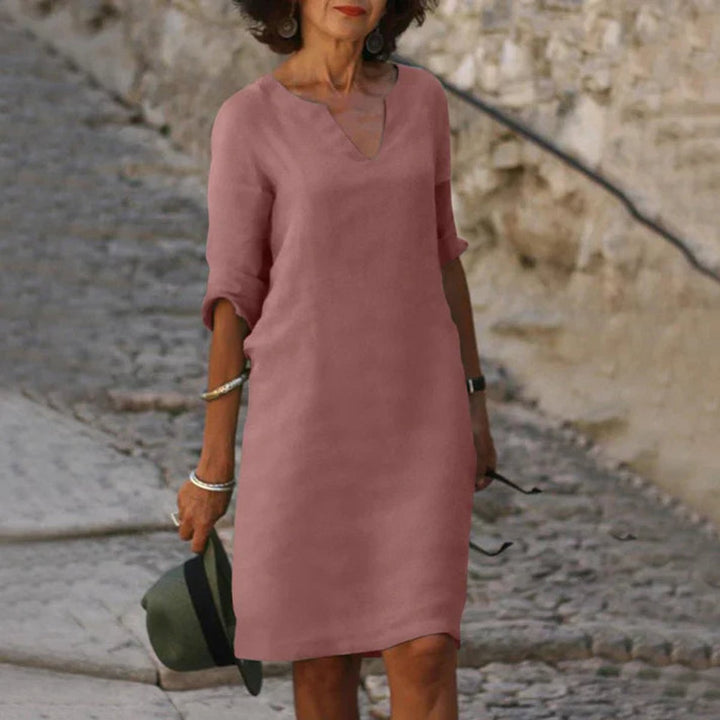 Women's V-Neck 3/4 Sleeve Relaxed Fall Midi Dress