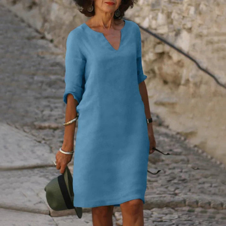 Women's V-Neck 3/4 Sleeve Relaxed Fall Midi Dress