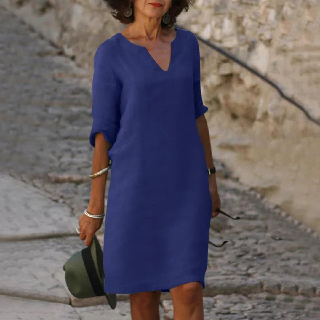 Women's V-Neck 3/4 Sleeve Relaxed Fall Midi Dress