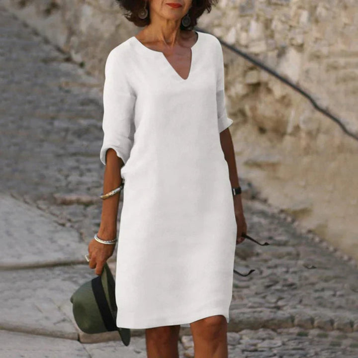 Women's V-Neck 3/4 Sleeve Relaxed Fall Midi Dress