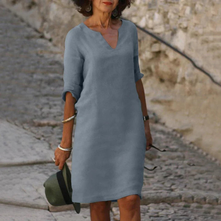 Women's V-Neck 3/4 Sleeve Relaxed-Fit Fall Midi Dress