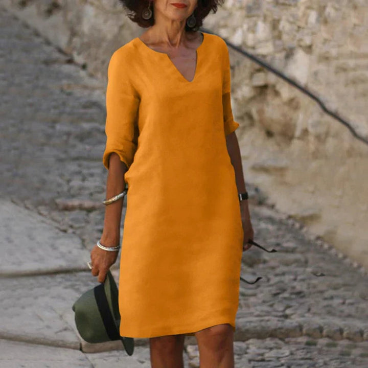 Women's V-Neck 3/4 Sleeve Relaxed-Fit Fall Midi Dress
