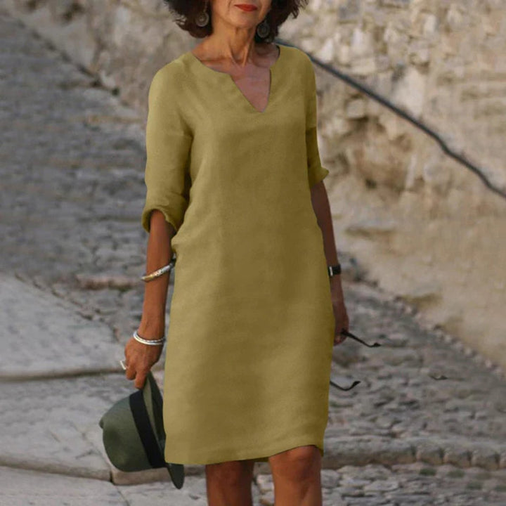 Women's V-Neck 3/4 Sleeve Relaxed-Fit Fall Midi Dress