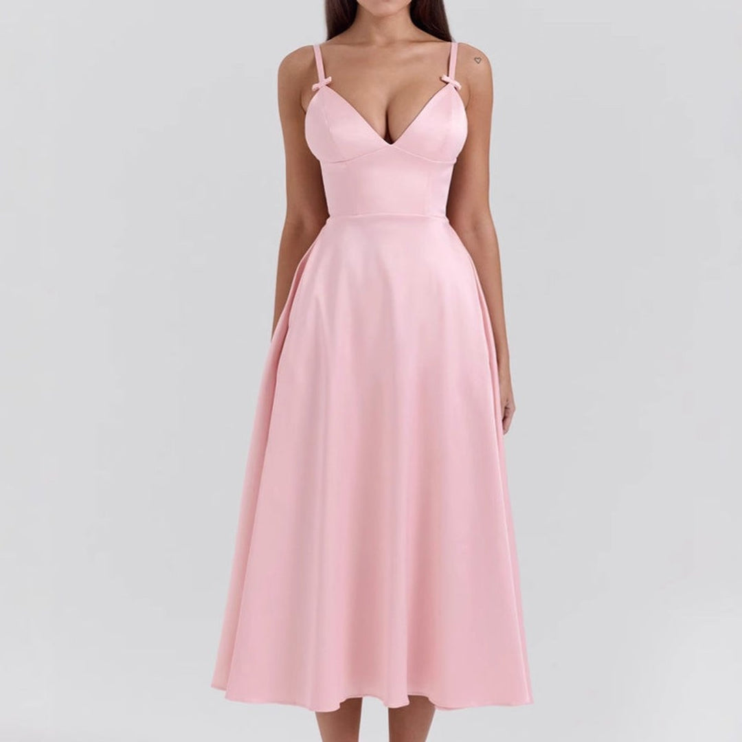 Women's V-Neck A-Line Midi Formal Dress Adjustable Strap