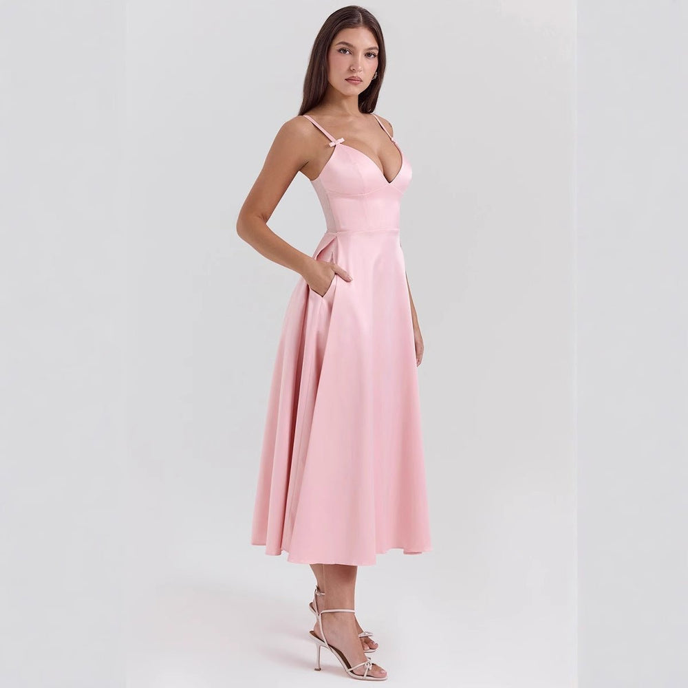 Women's V-Neck A-Line Midi Formal Dress Adjustable Strap