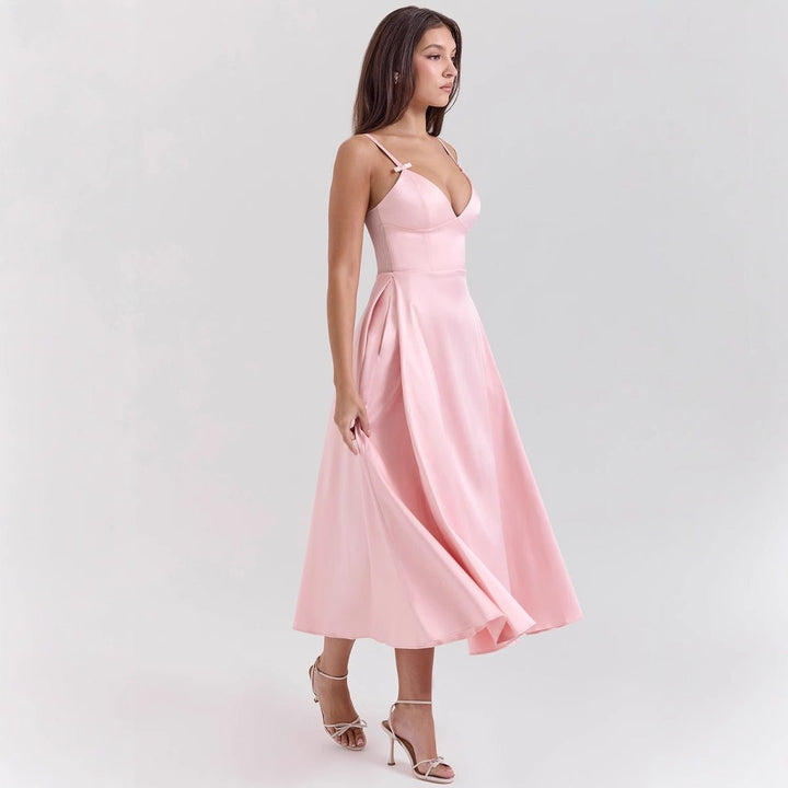 Women's V-Neck A-Line Midi Formal Dress Adjustable Strap