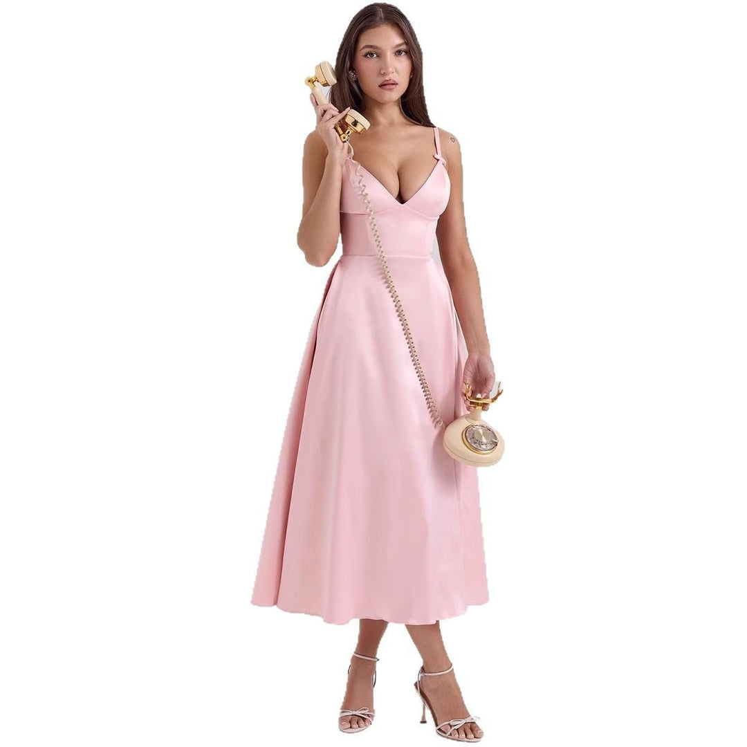 Women's V-Neck A-Line Midi Formal Dress Adjustable Strap