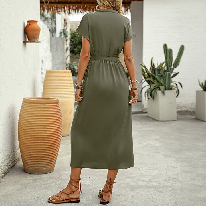 Women's V-Neck Belted A-Line Fall Midi Dress Short Sleeve