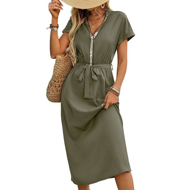 Women's V-Neck Belted A-Line Fall Midi Dress Short Sleeve