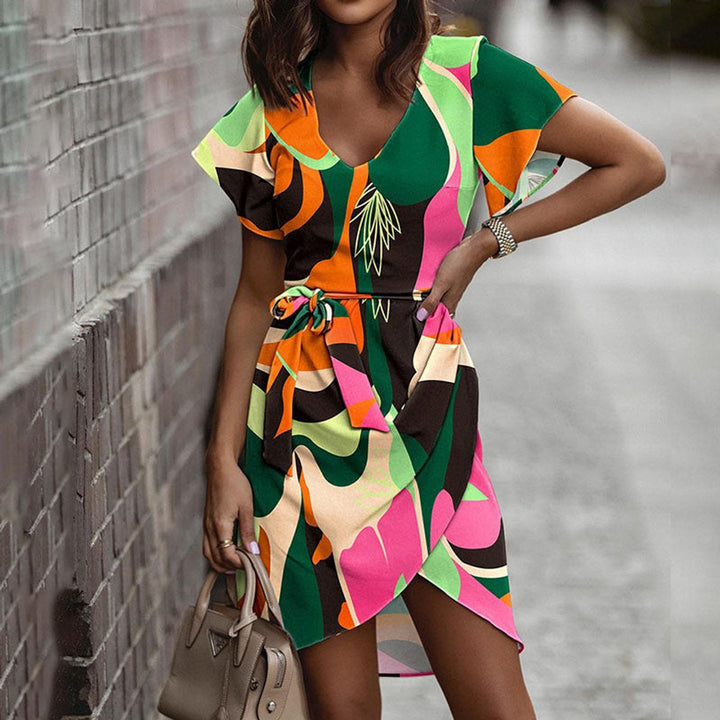 Women's V-Neck Belted Abstract Print Fall Midi Dress