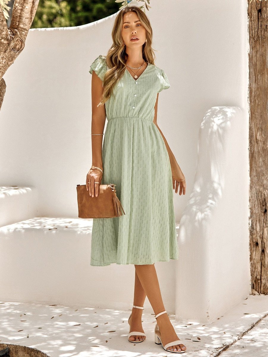 Women's V-Neck Button-Down Midi Formal Dress Ruffled Cap Sleeve