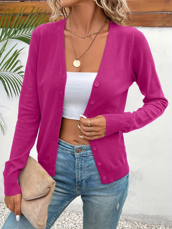 Women's V-Neck Button-Front Long Sleeve Knit Cardigan