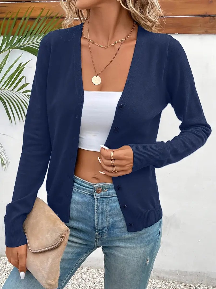 Women's V-Neck Button-Front Long Sleeve Knit Cardigan