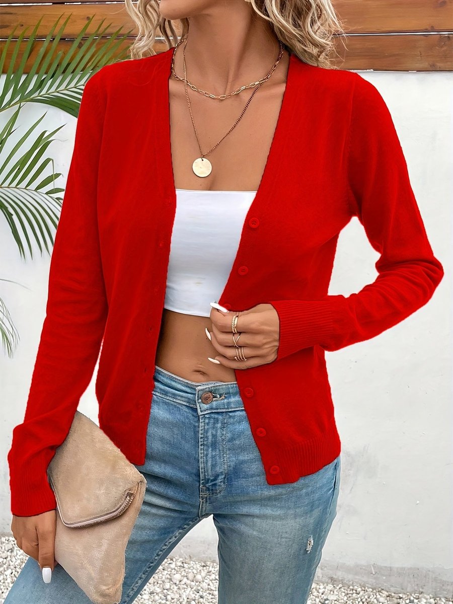 Women's V-Neck Button-Front Long Sleeve Knit Cardigan