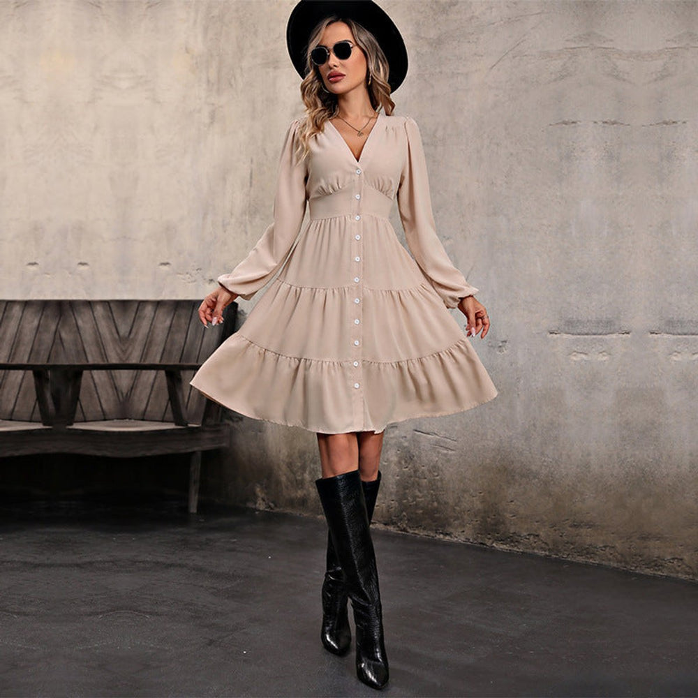Women's V-Neck Button-Front Ruffle-Hem Fall Midi Dress