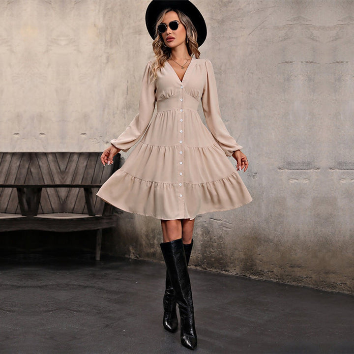 Women's V-Neck Button-Front Ruffle-Hem Fall Midi Dress