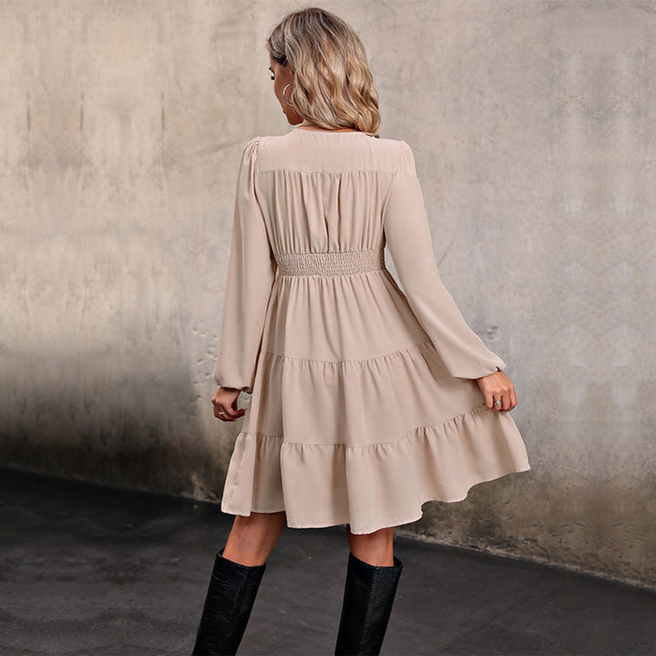 Women's V-Neck Button-Front Ruffle-Hem Fall Midi Dress