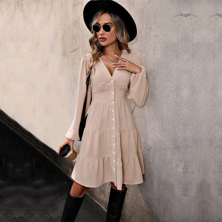 Women's V-Neck Button-Front Ruffle-Hem Fall Midi Dress