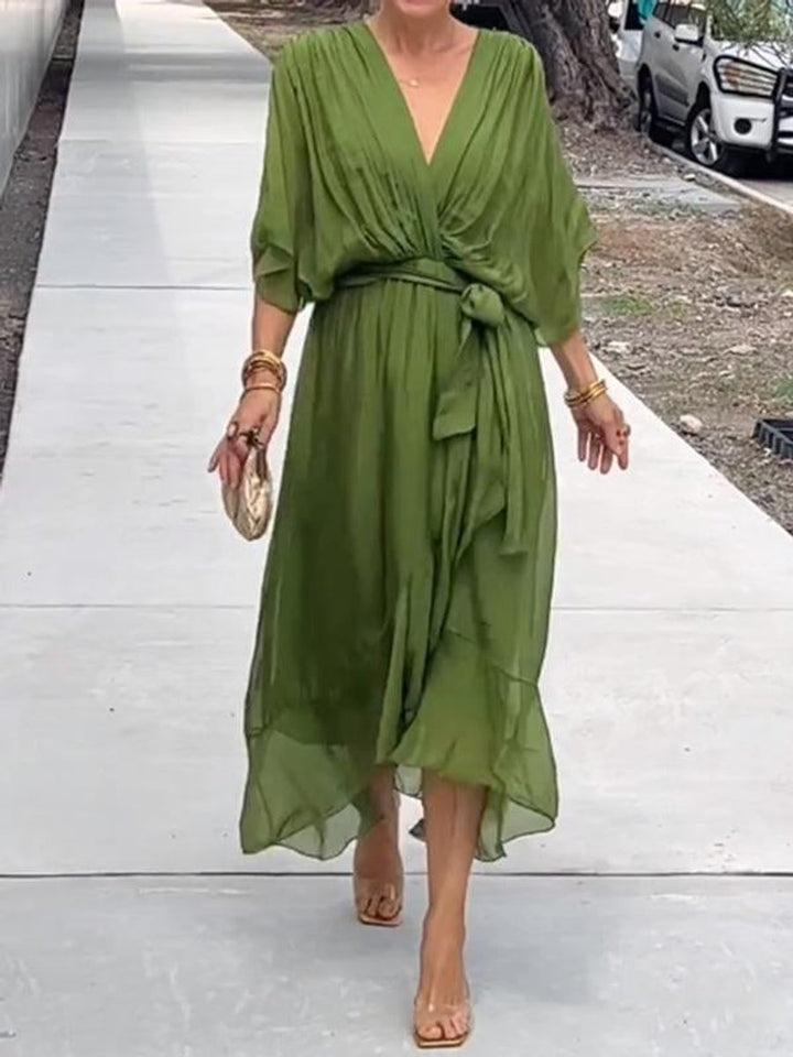 Women's V-Neck Chiffon Belted Midi Formal Dress