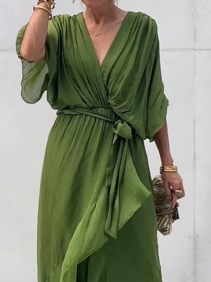 Women's V-Neck Chiffon Belted Midi Formal Dress