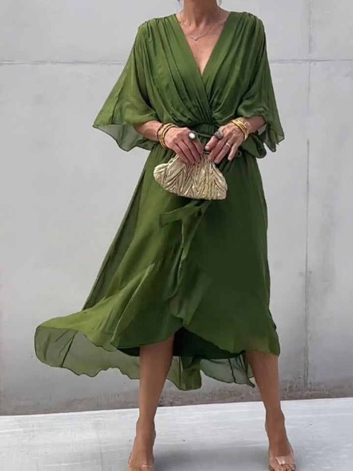 Women's V-Neck Chiffon Belted Midi Formal Dress