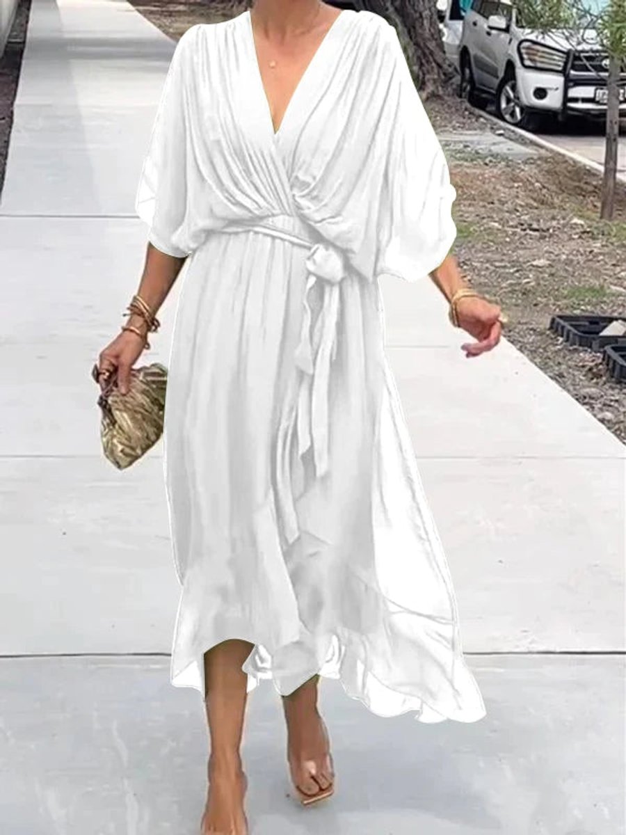 Women's V-Neck Chiffon Belted Midi Formal Dress