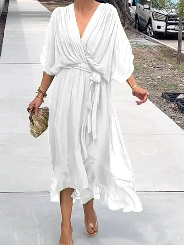 Women's V-Neck Chiffon Belted Midi Formal Dress