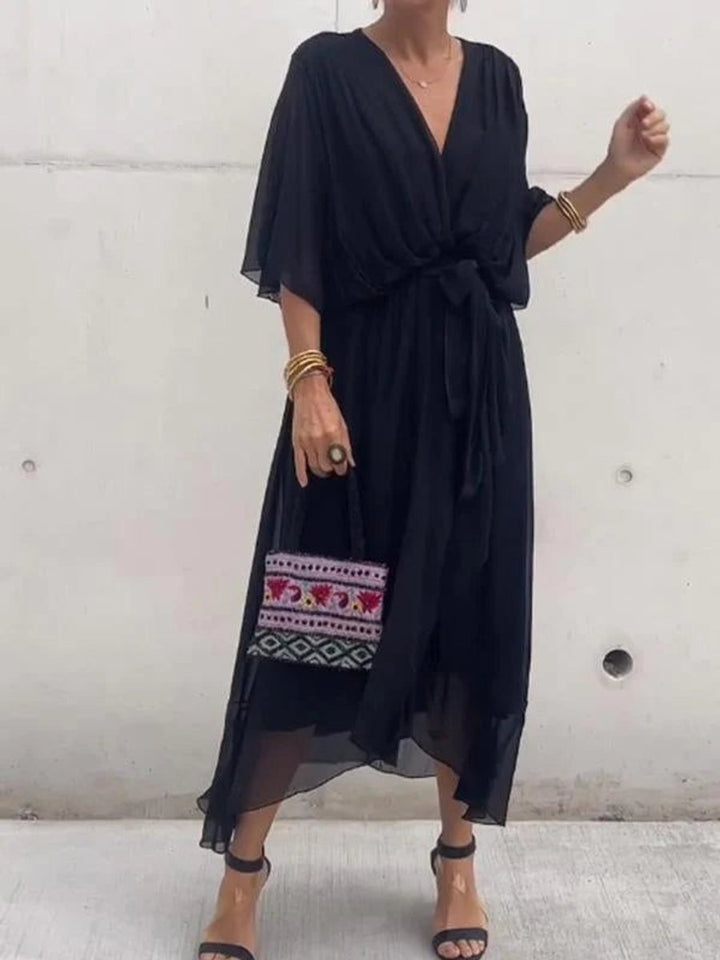 Women's V-Neck Chiffon Belted Midi Formal Dress