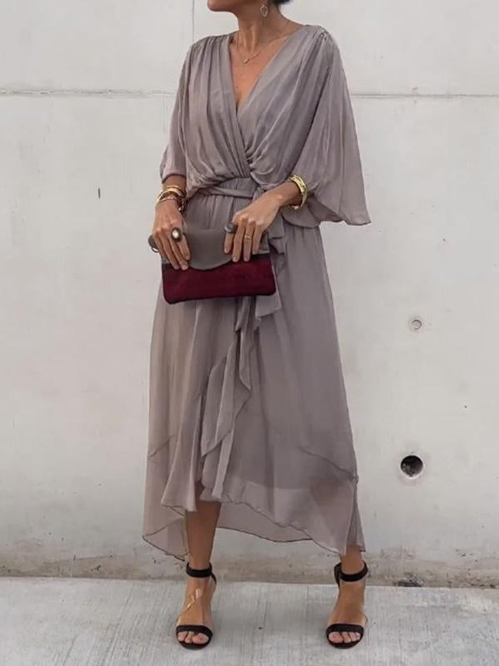 Women's V-Neck Chiffon Belted Midi Formal Dress