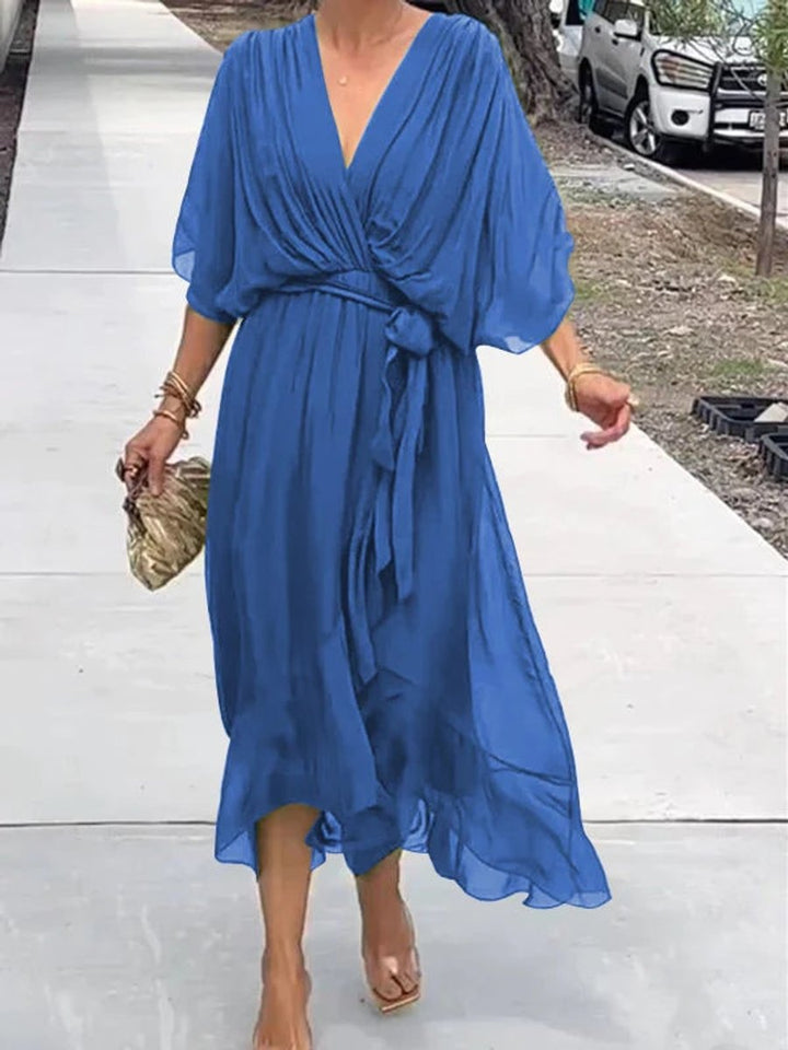 Women's V-Neck Chiffon Belted Midi Formal Dress