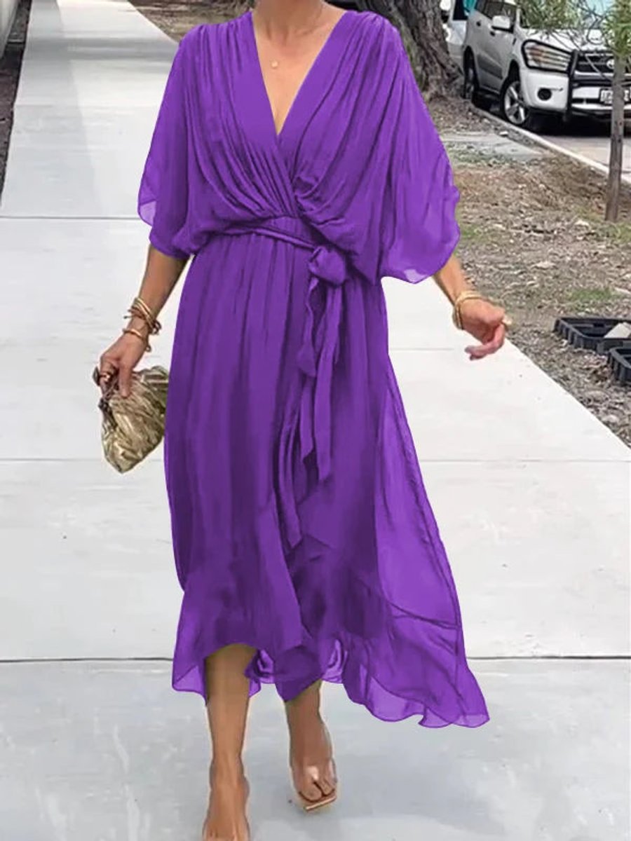 Women's V-Neck Chiffon Belted Midi Formal Dress