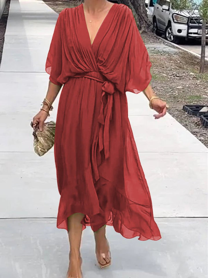 Women's V-Neck Chiffon Belted Midi Formal Dress