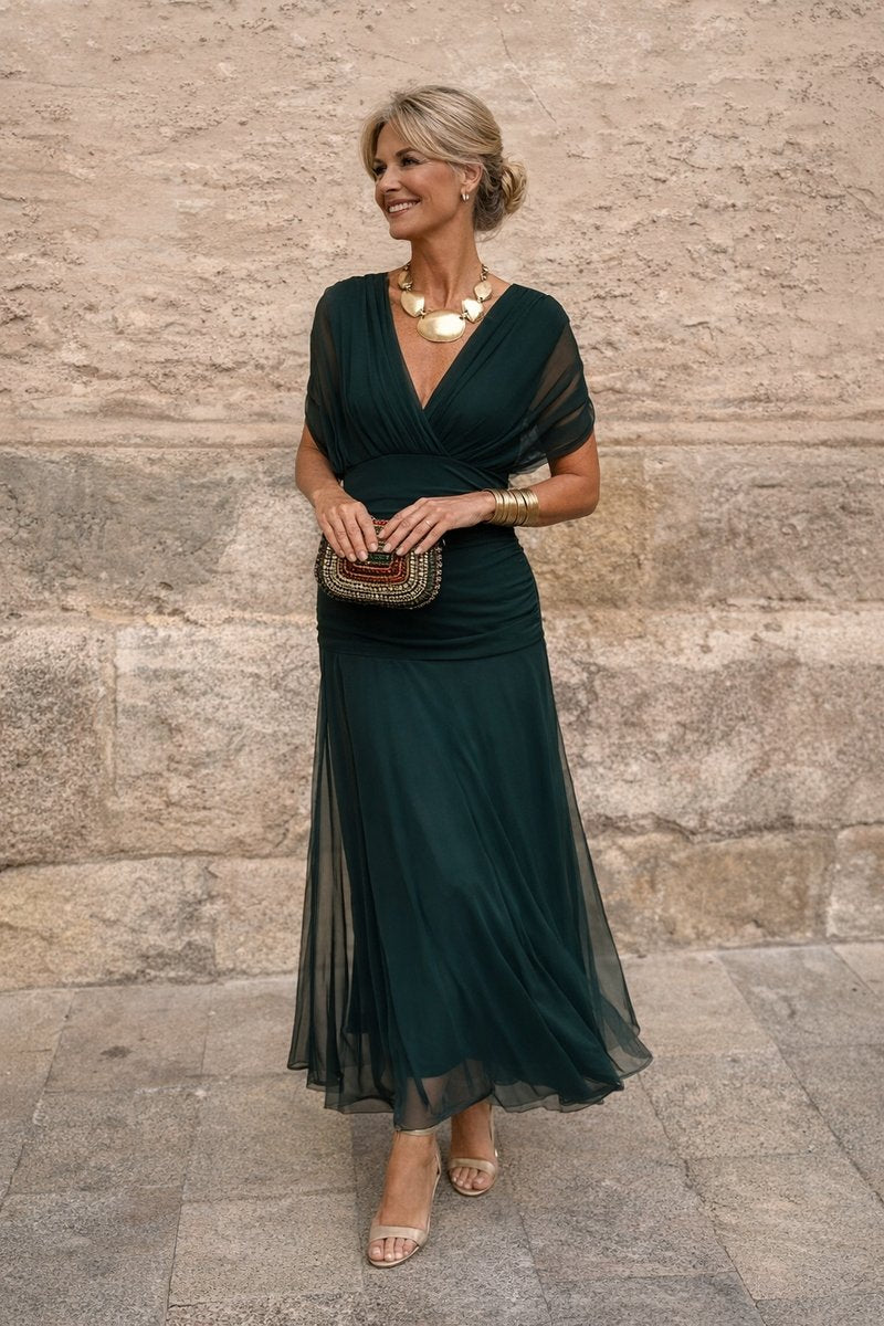 Women's V-Neck Chiffon Maxi Formal Dress Pleated Waist Flowing Sleeves