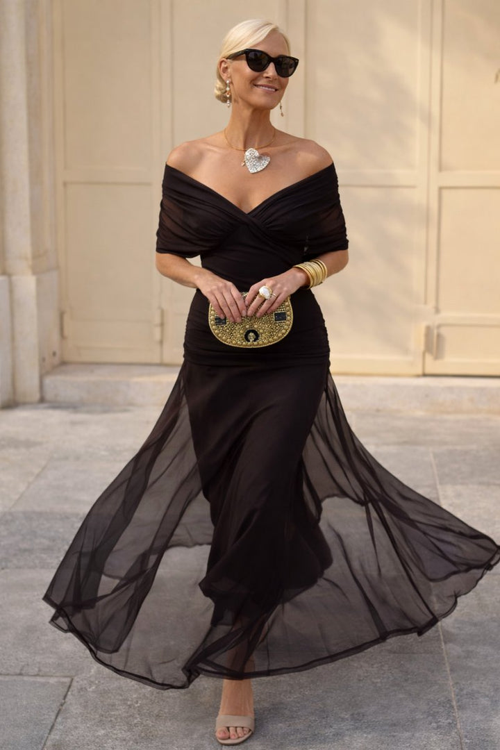 Women's V-Neck Chiffon Maxi Formal Dress Pleated Waist Flowing Sleeves