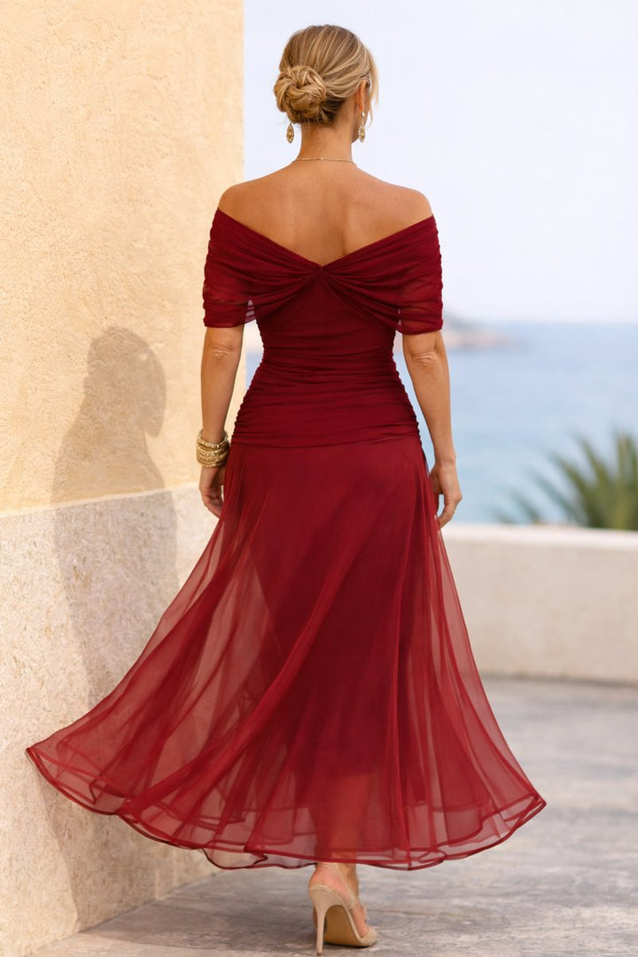 Women's V-Neck Chiffon Maxi Formal Dress Pleated Waist Flowing Sleeves