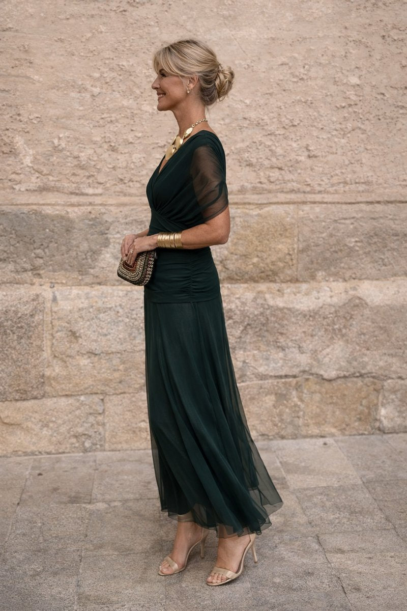 Women's V-Neck Chiffon Maxi Formal Dress Pleated Waist Flowing Sleeves