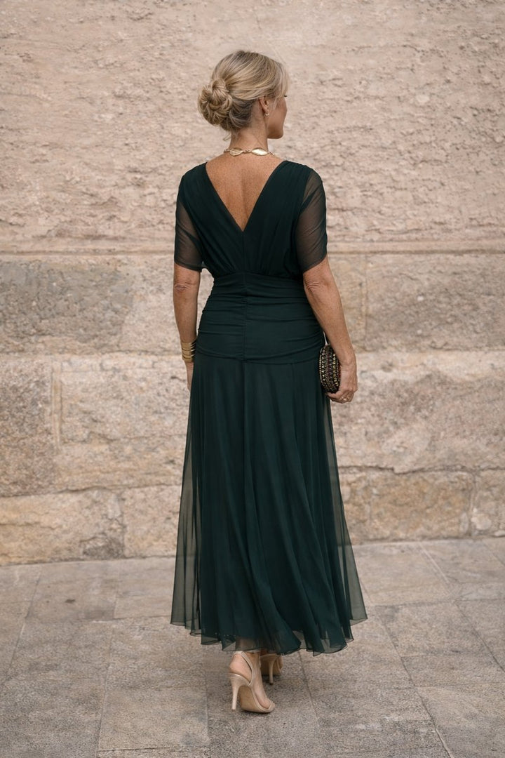 Women's V-Neck Chiffon Maxi Formal Dress Pleated Waist Flowing Sleeves
