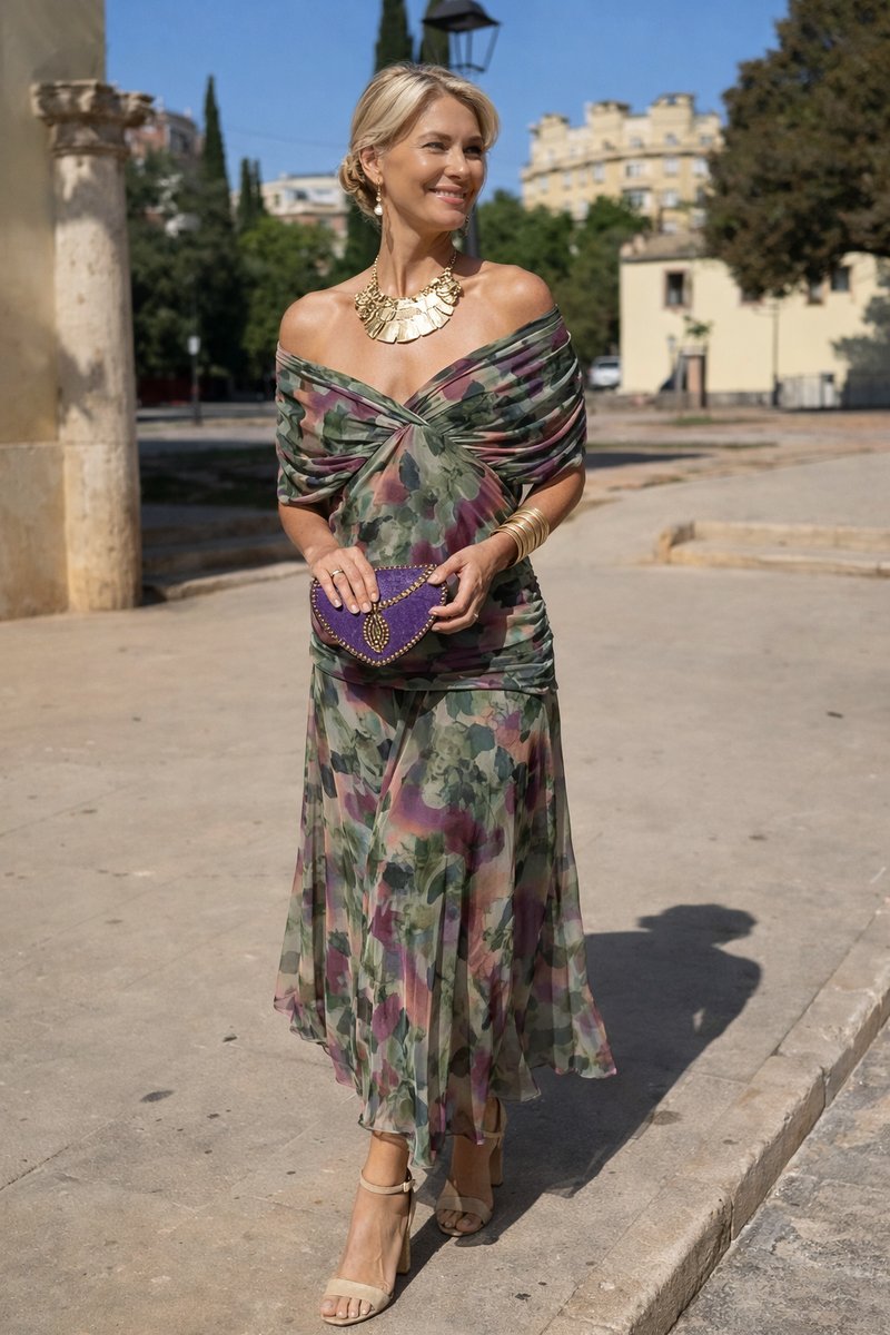 Women's V-Neck Chiffon Maxi Formal Dress Pleated Waist Flowing Sleeves