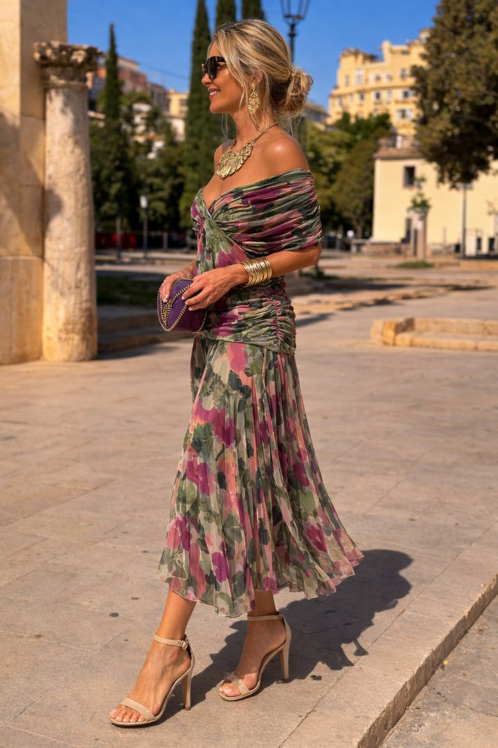 Women's V-Neck Chiffon Maxi Formal Dress Pleated Waist Flowing Sleeves