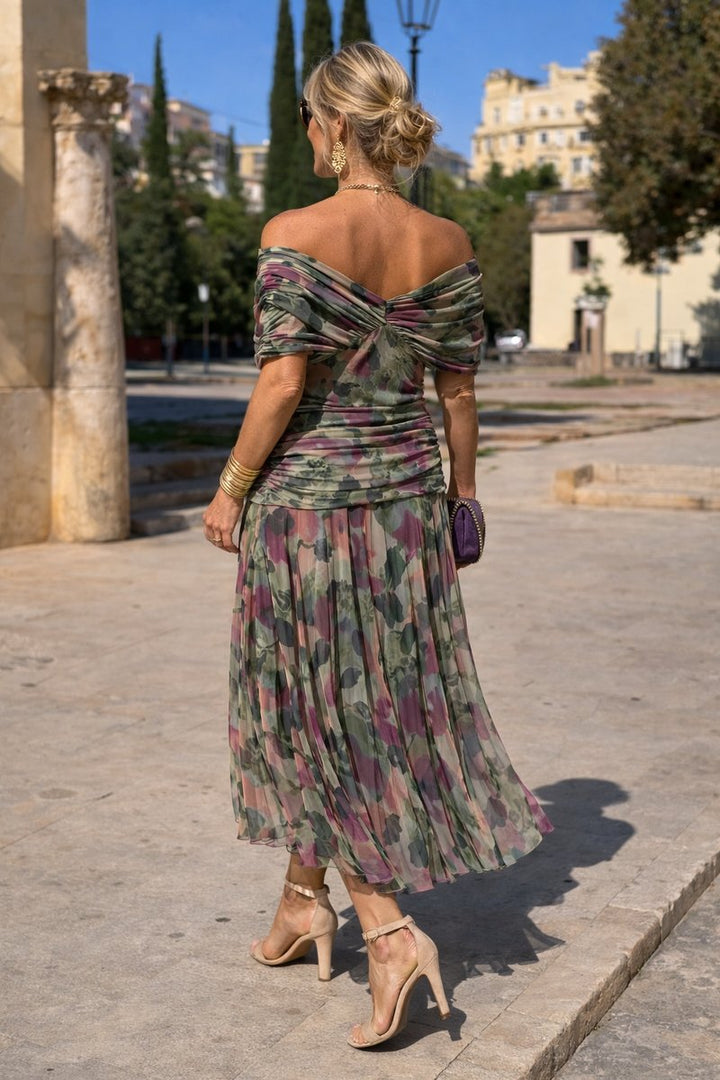 Women's V-Neck Chiffon Maxi Formal Dress Pleated Waist Flowing Sleeves