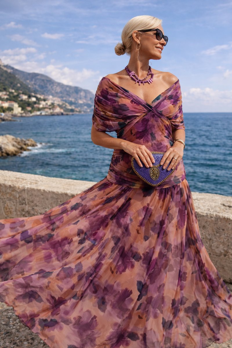 Women's V-Neck Chiffon Maxi Formal Dress Pleated Waist Flowing Sleeves
