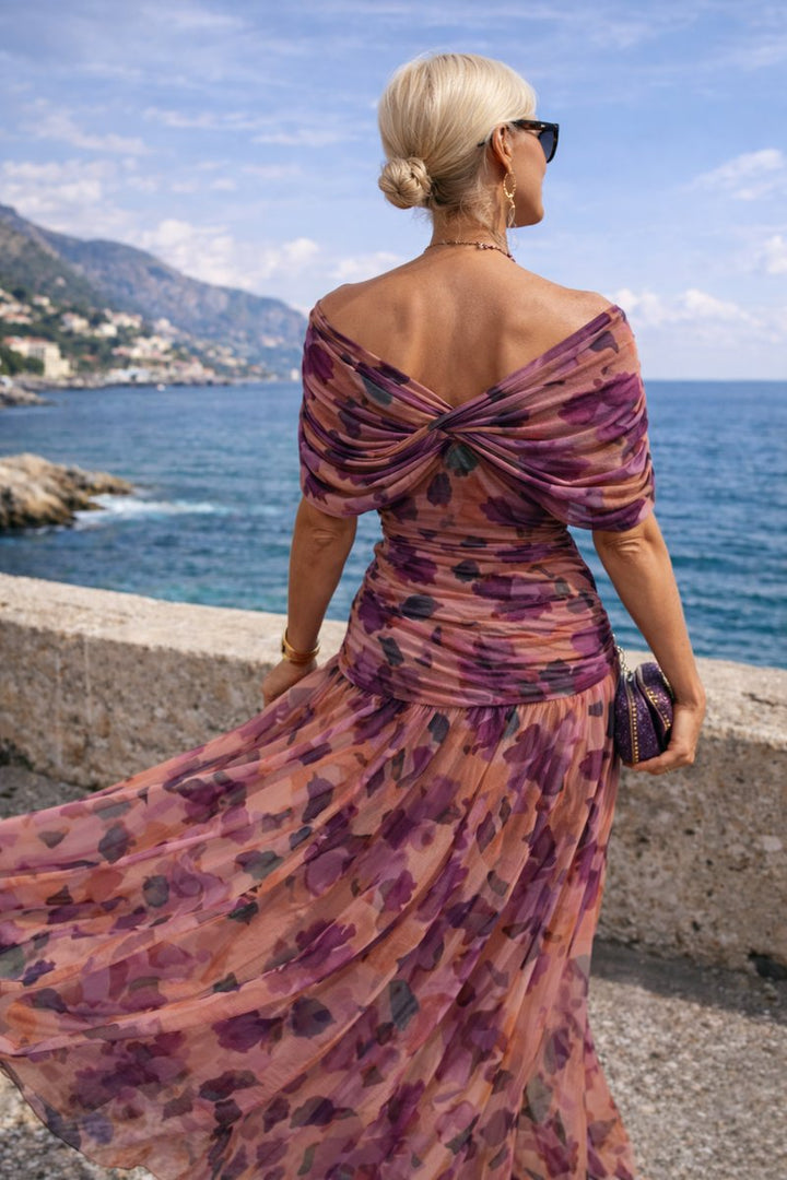 Women's V-Neck Chiffon Maxi Formal Dress Pleated Waist Flowing Sleeves