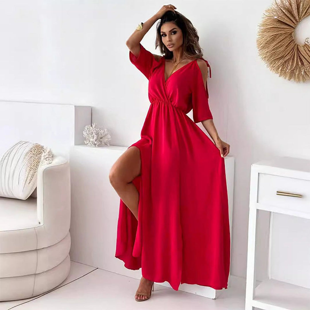 Women's V-Neck Cold-Shoulder Side-Slit Maxi Formal Dress