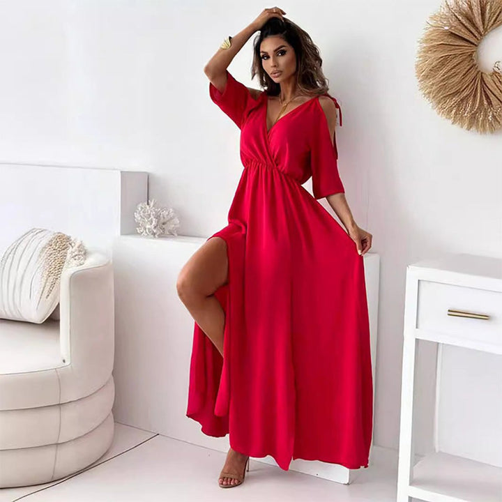 Women's V-Neck Cold-Shoulder Side-Slit Maxi Formal Dress