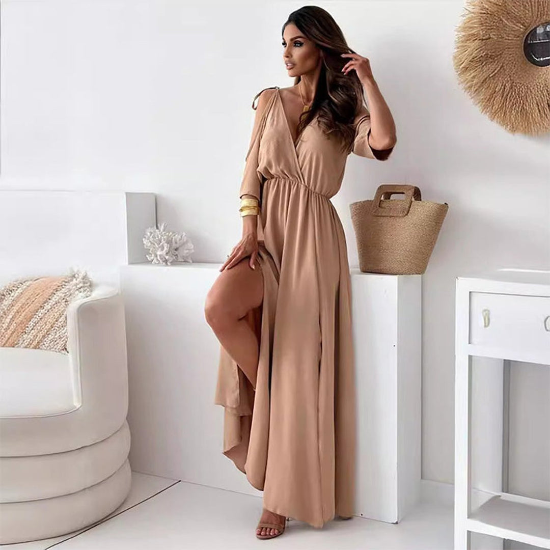 Women's V-Neck Cold-Shoulder Side-Slit Maxi Formal Dress